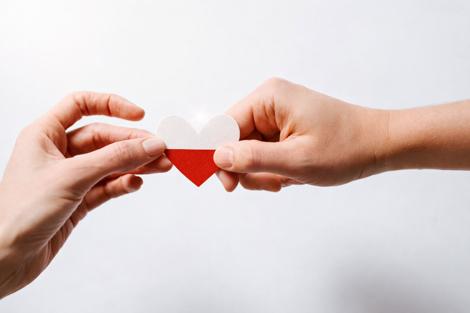 two hands holding a white and red heart between them